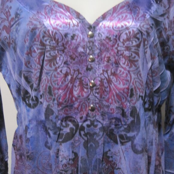 Energe World Wear Womens Shirt Medium Purple Print V Neck Long Sleeve Studded - Picture 2 of 7